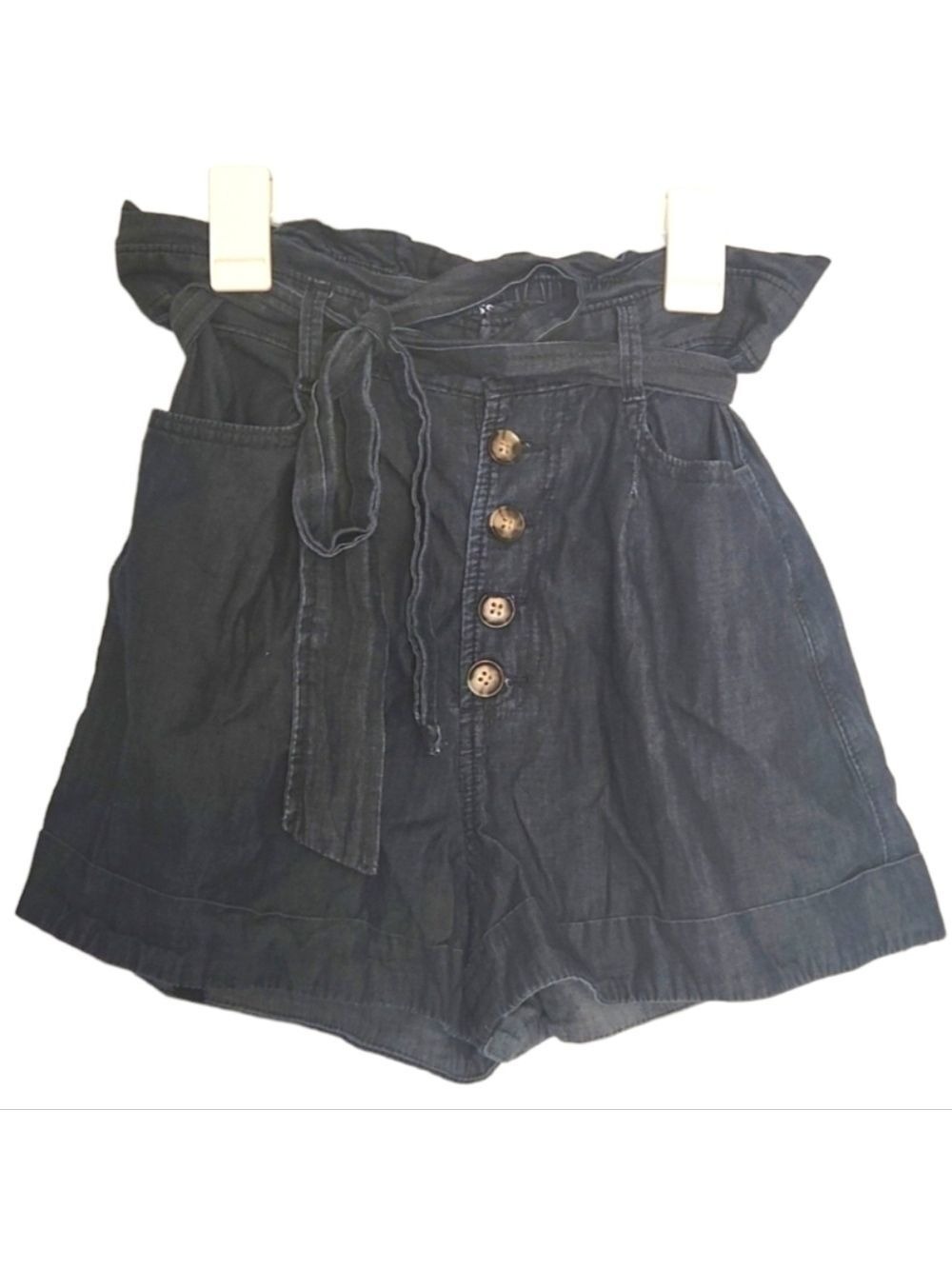 Express high rise buttonfly paper bag waist chambray blue denim S/P tie waist